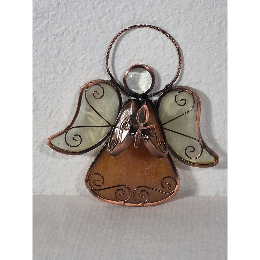 Stained Glass Angel Ornament Copper Wire Scrollwork Amber Cream Suncatcher Decor